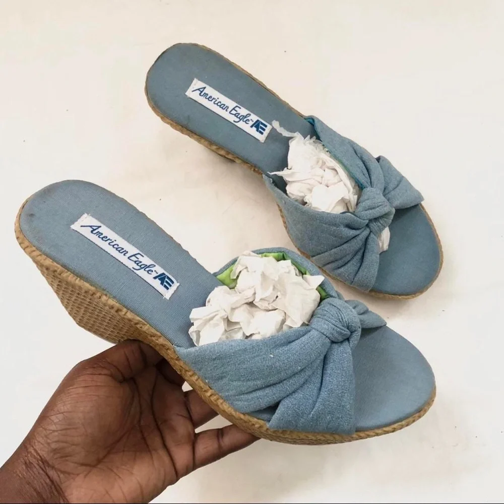 Y2K American Eagle Wedges Platform Chunky Blue Denim Knot Sandals Knot Boho 2000